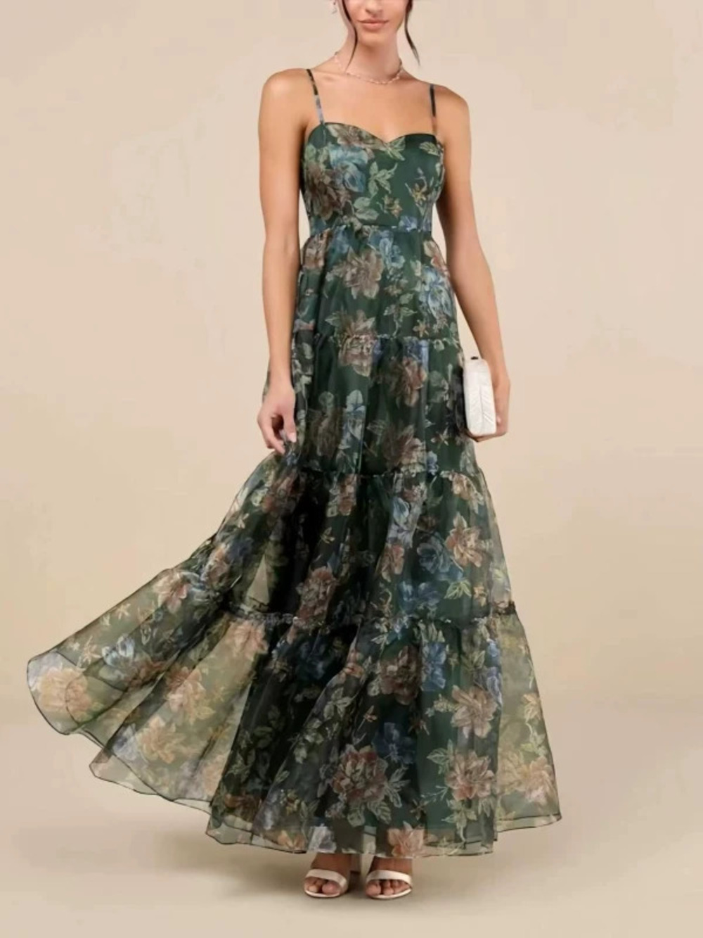 Dark Green Vintage Floral Print Tiered Cami Maxi Dress Flowy Mesh Fairy Vacation - Picture 3 of 4